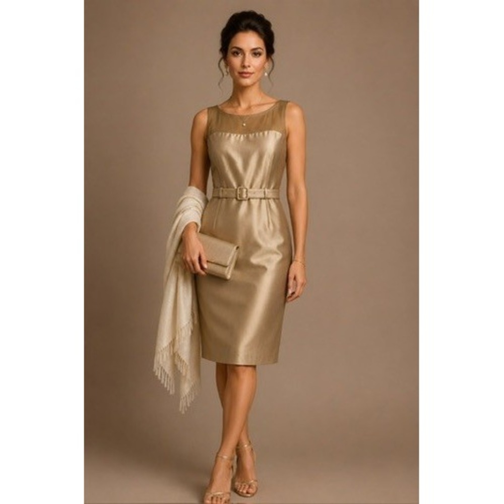 LK Bennett London Gold Silk Blend Belted Sheath Designer Dress Size US 6